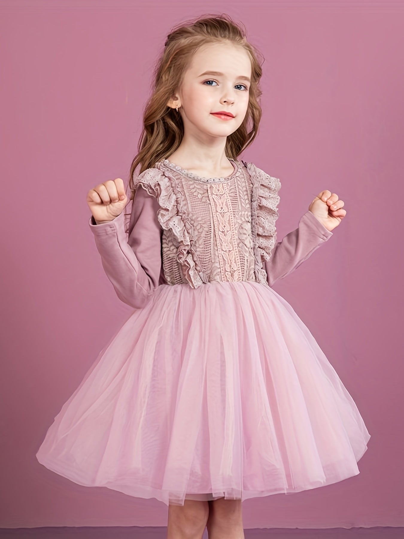 Girls' Butterfly Lace Tutu Dress Long Sleeve Birthday Princess Dress
