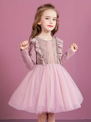 Girls' Butterfly Lace Tutu Dress Long Sleeve Birthday Princess Dress