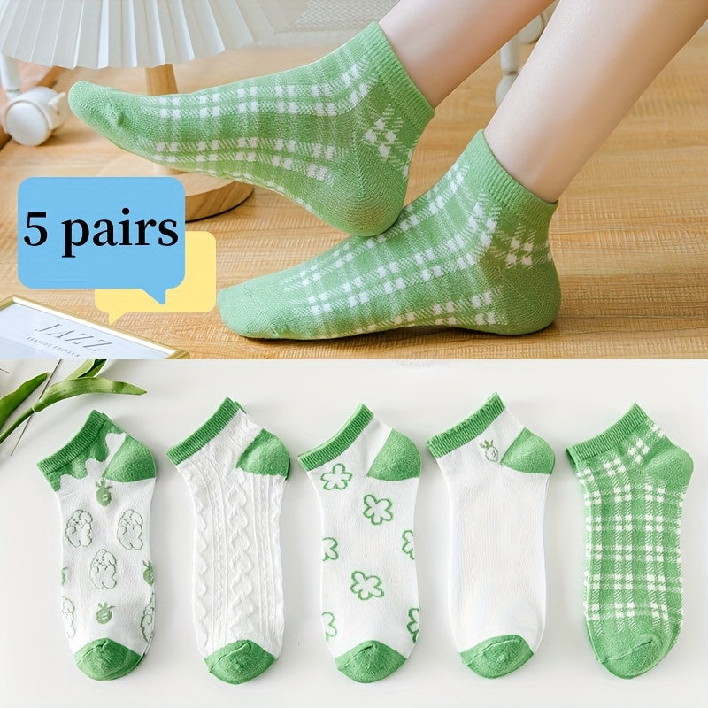 5 Pairs Floral Cartoon Print Socks Lightweight & Breathable Low Cut Ankle Socks