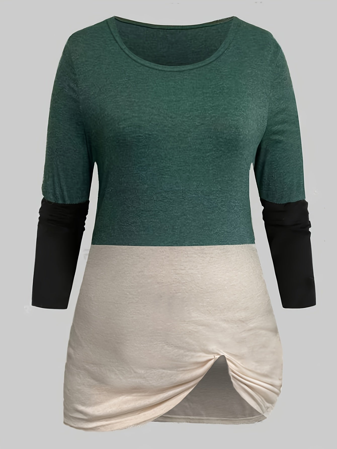 Colorblock Top & Leggings Set Round Neck Casual Outfit