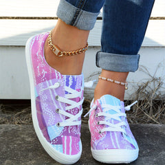 Women's Block Flower Walking Shoes Lace Up Low Top Casual Flat Sneakers