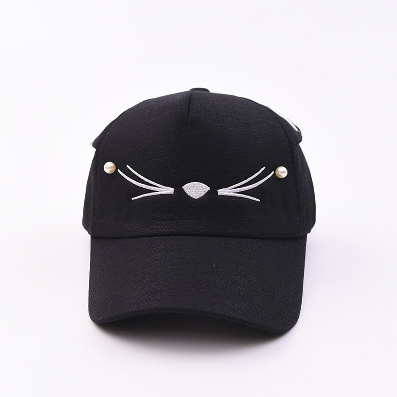 Girls Cat Embroidery Baseball Cap with Pearls Sun Protection Sunshade Hat