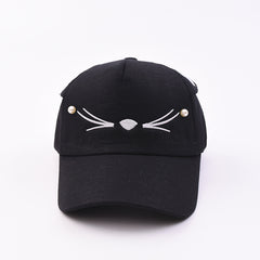 Girls Cat Embroidery Baseball Cap with Pearls Sun Protection Sunshade Hat