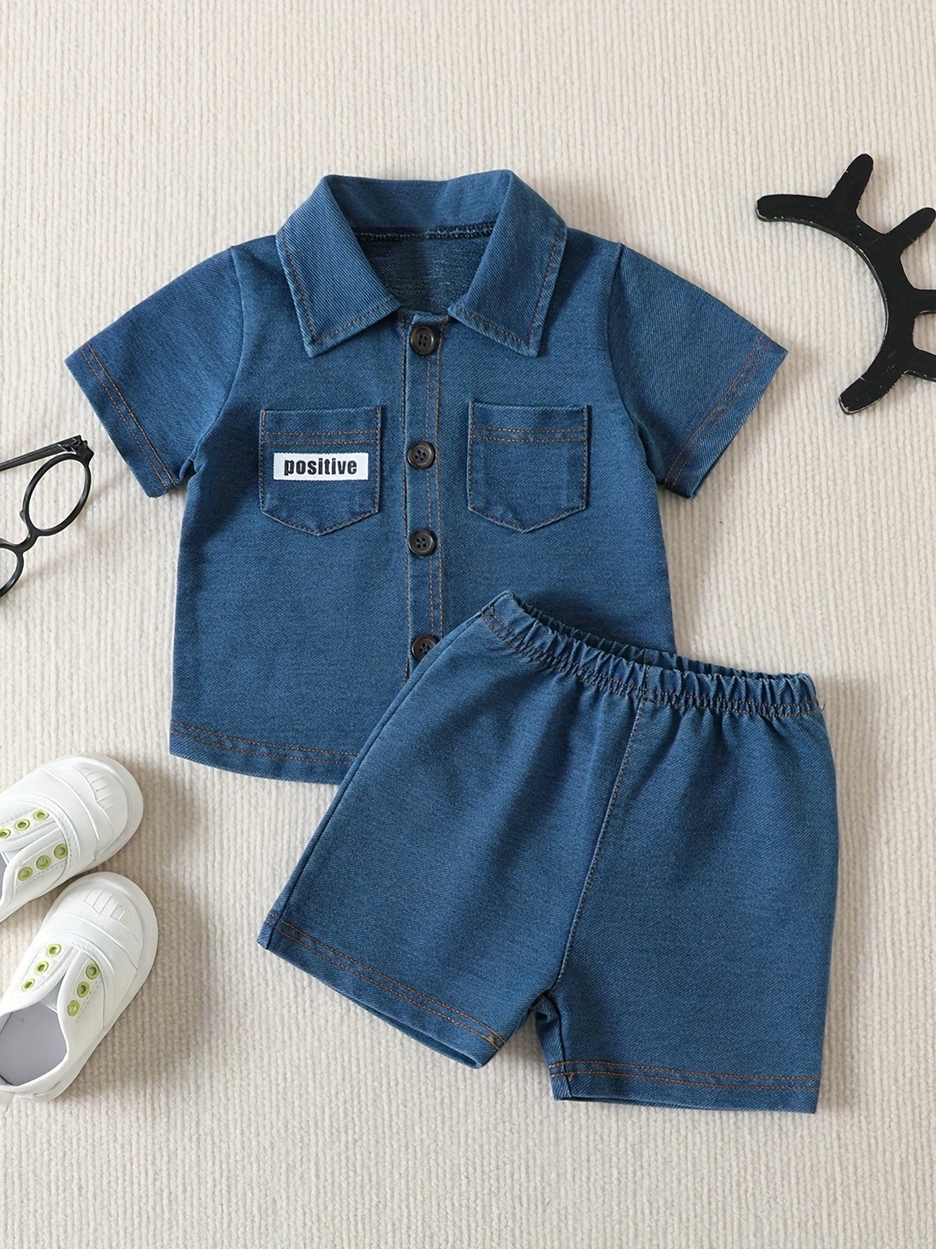 Boys Short Sleeve Shirt & Shorts Denim 2pcs POSITIVE Print Casual Kids Summer