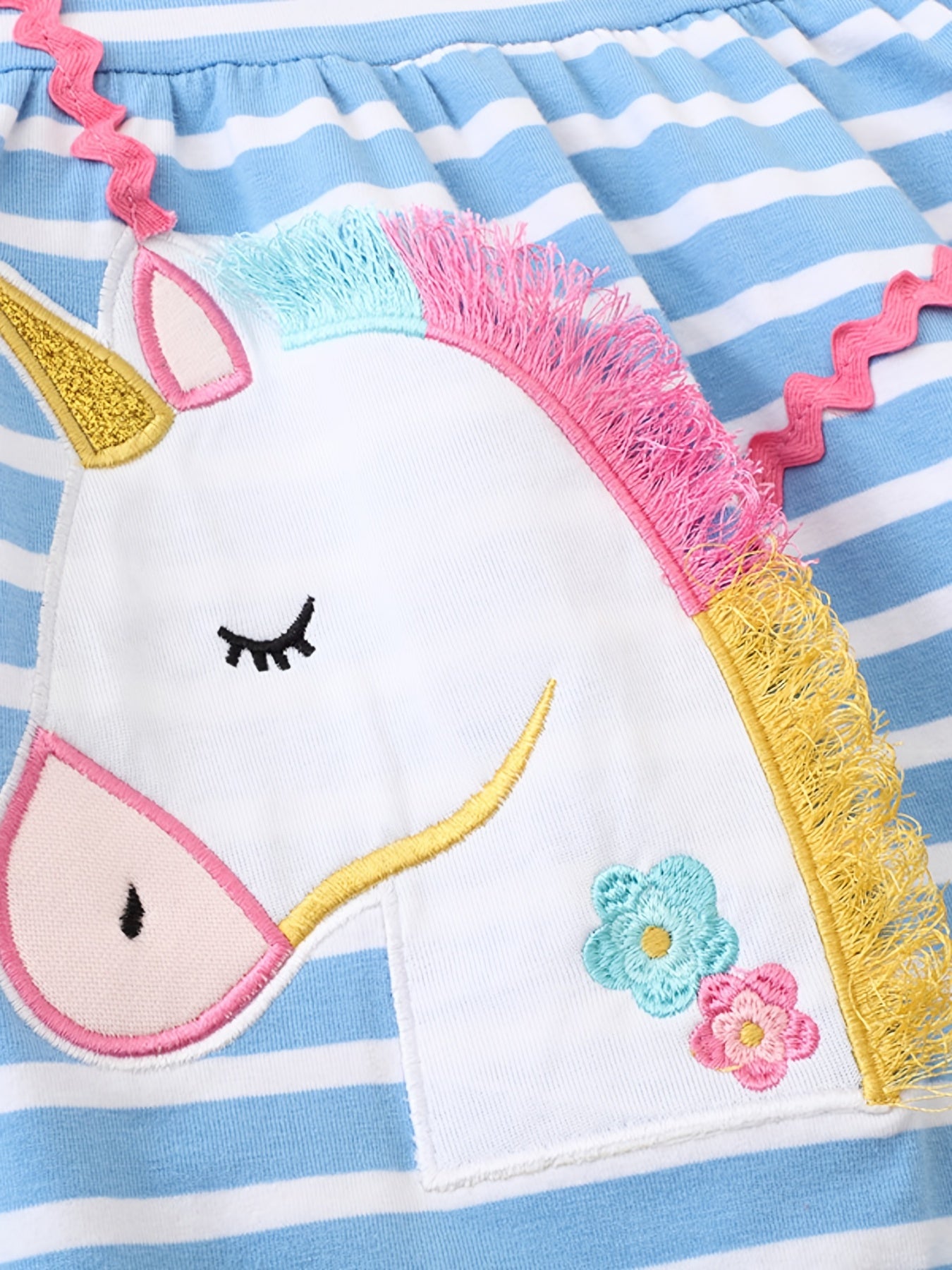 Toddler Girls Unicorn Embroidery Striped Cotton Casual Dress