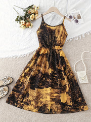 Girls Tropical Leaves Print Summer Dress Elastic Waist A-line Swing Sundress