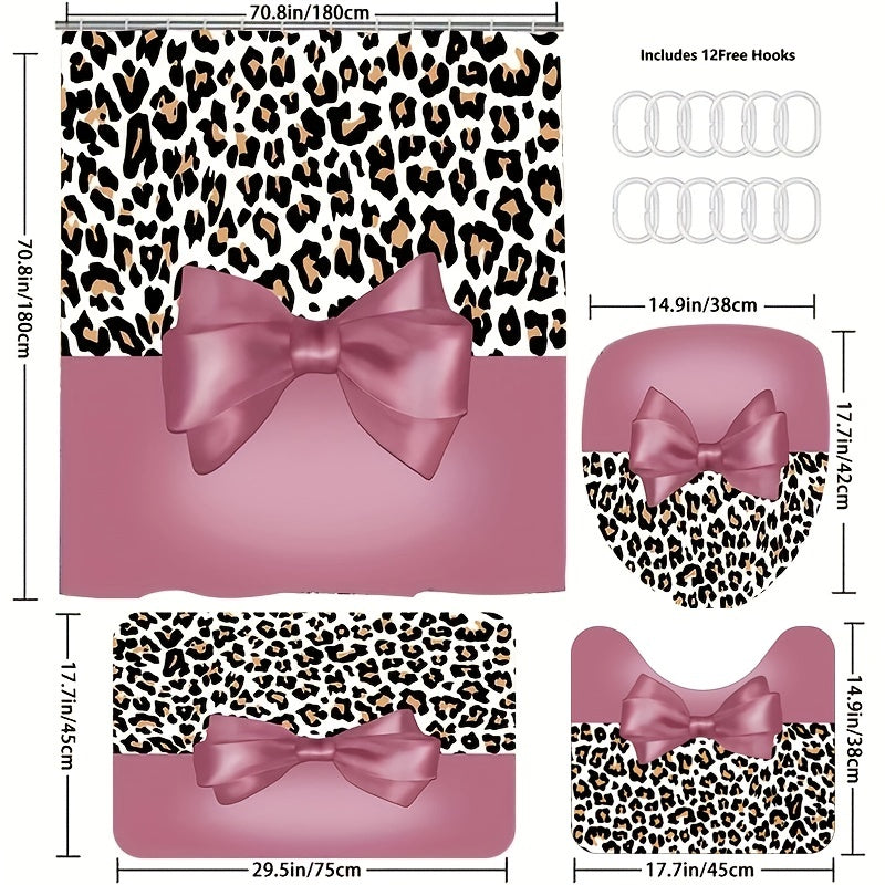 Leopard Bow Shower Curtain Set with Non Slip Bathroom Rug