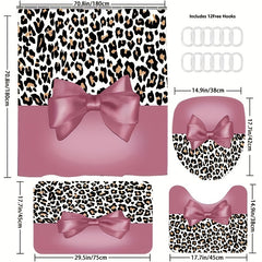 Leopard Bow Shower Curtain Set with Non Slip Bathroom Rug