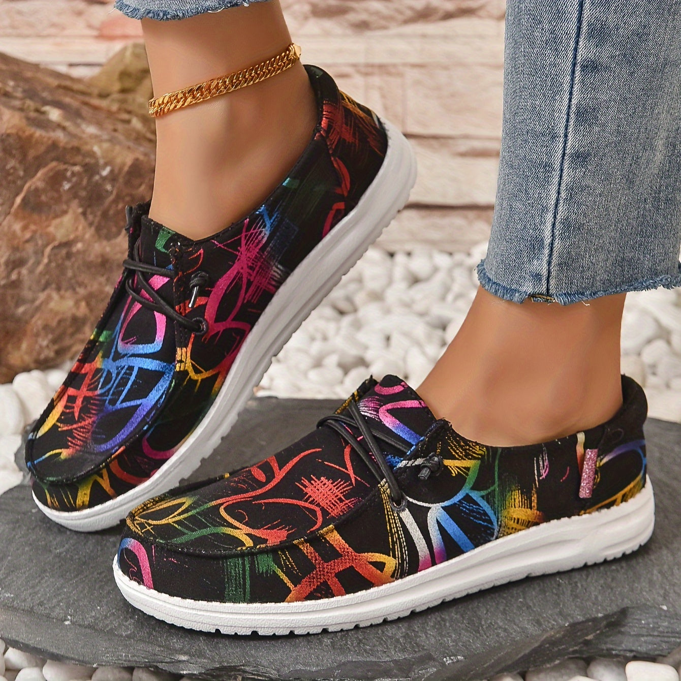 Women's Printed Canvas Slip On Sneakers Casual Walking Shoes