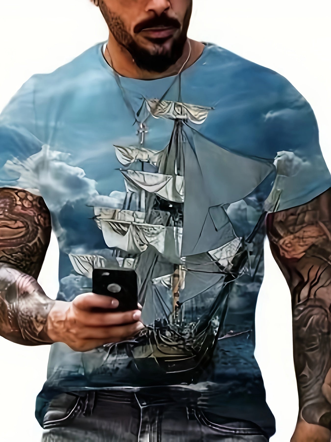 Sailboat 3D Pattern Men's Short Sleeve Graphic Tee Summer Clothes