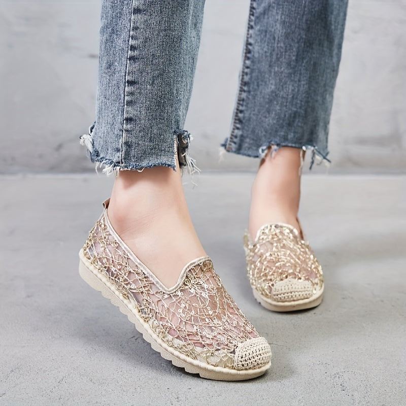 Women's Sequins Decor Espadrille Walking Shoes Mesh Flat Casual Sneakers