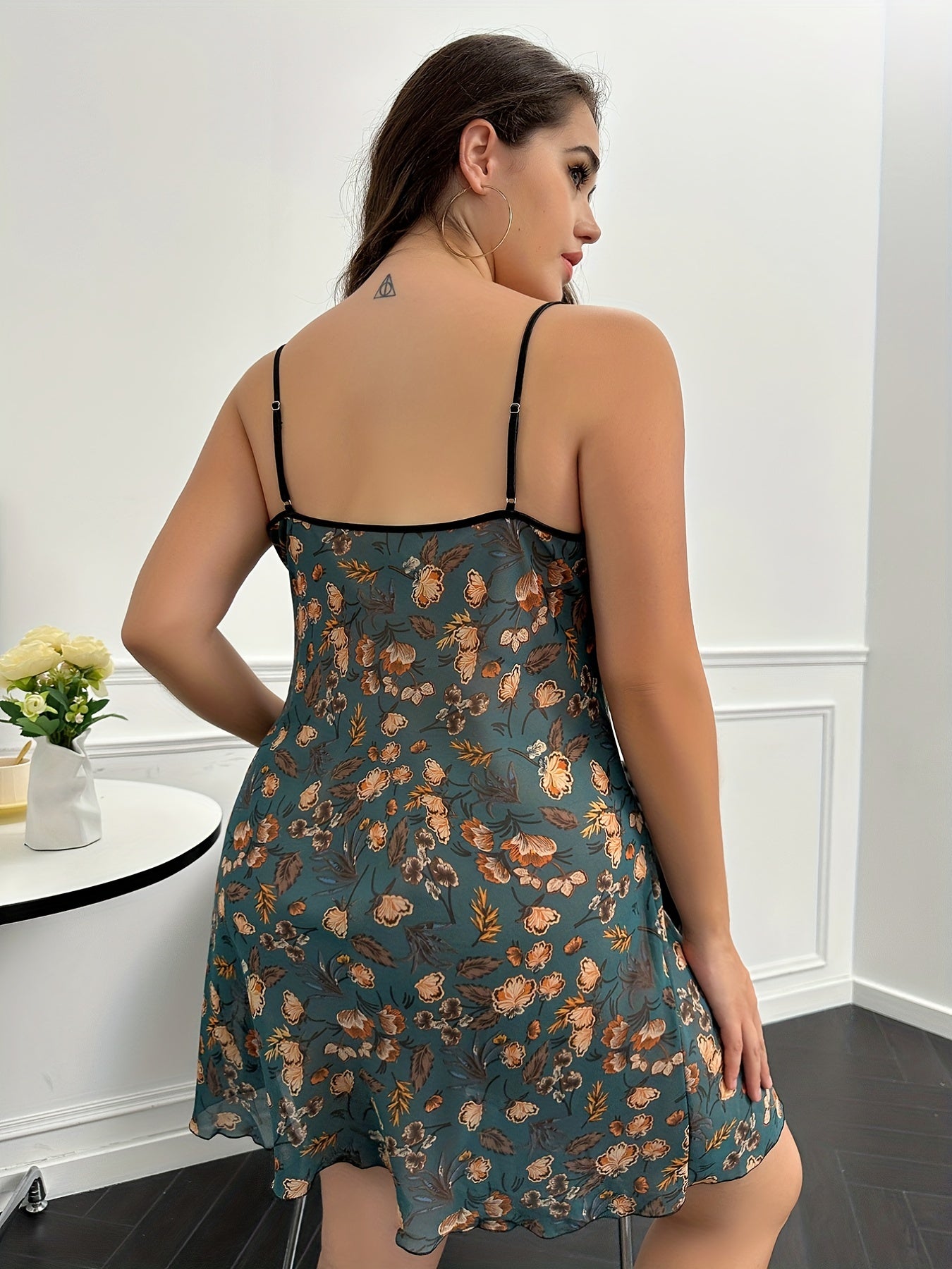 Floral Print V Neck Split Cami Sleep Dress