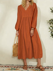 Solid Long Sleeve V-Neck Dress