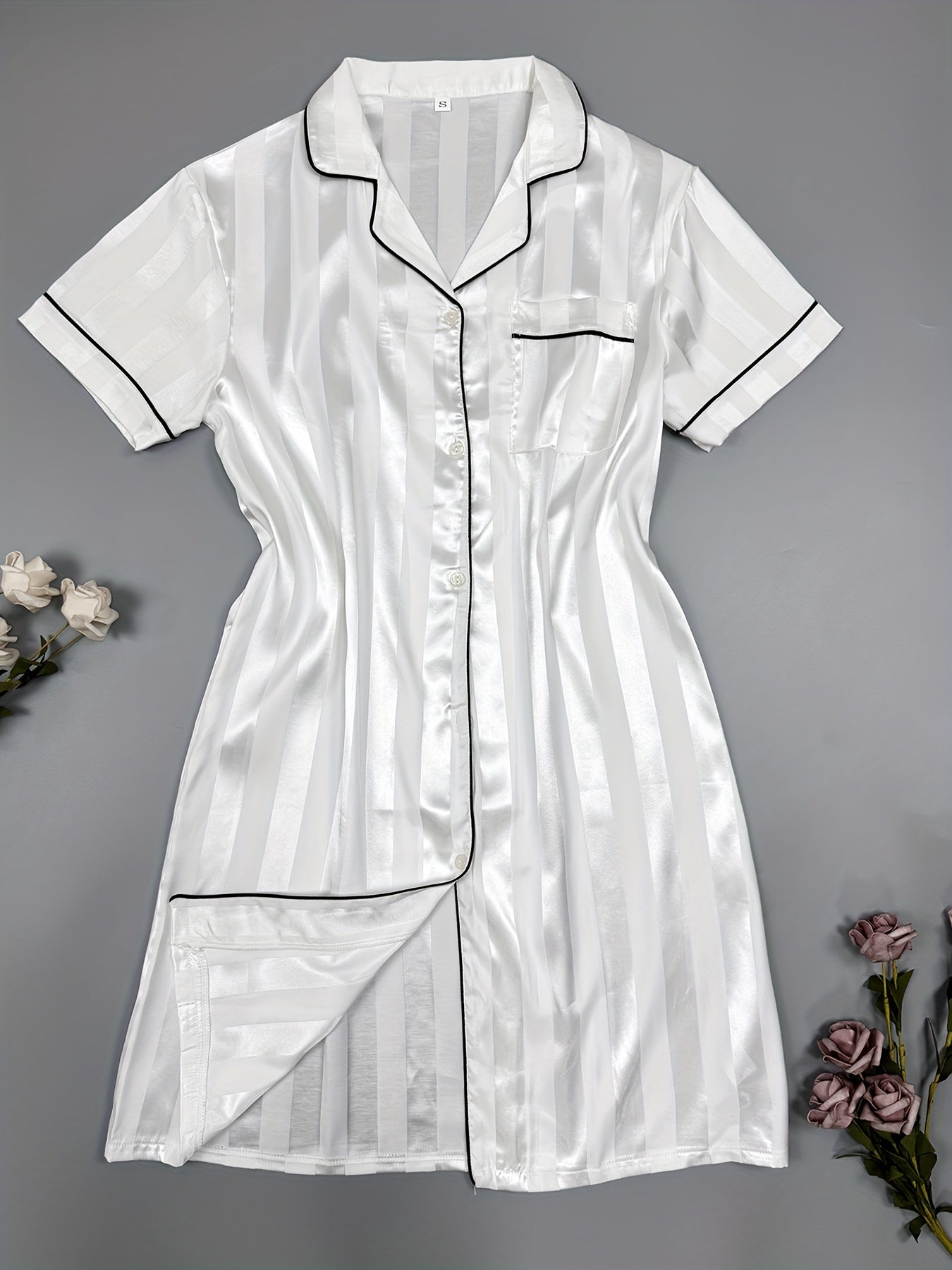 Striped Print Satin NightDress Short Sleeve Pajama Dress Women's Sleepwear