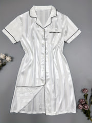 Striped Print Satin NightDress Short Sleeve Pajama Dress Women's Sleepwear