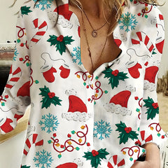Christmas Casual Blouse Women's Plus Graphic Print Button Up