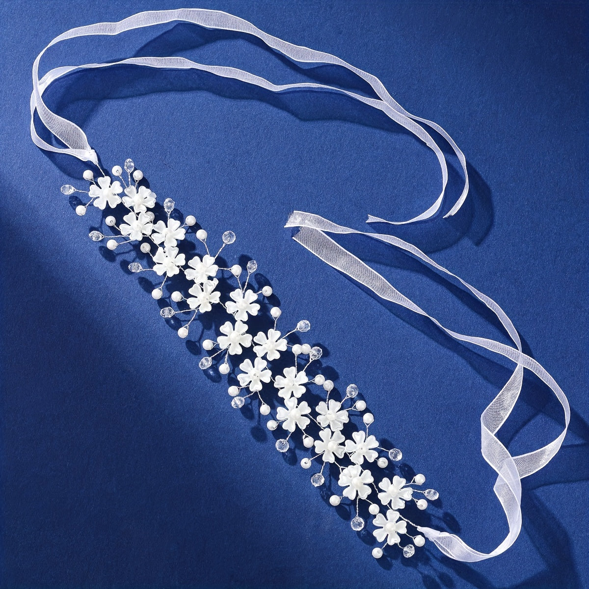 Crystal Pearl Flower Headband Ribbon Bridal Wedding Accessories