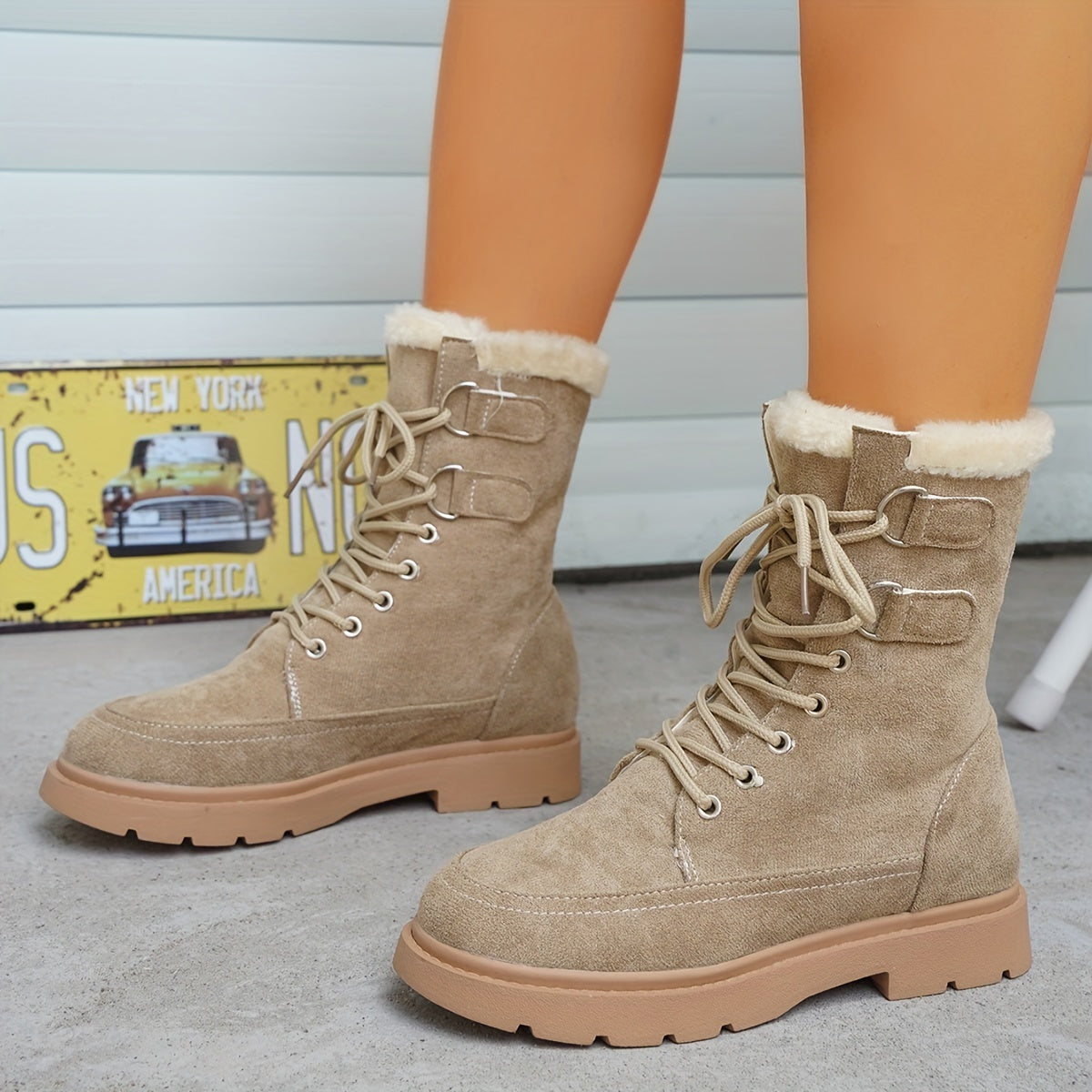 Women's Plush Lined Snow Boots Thermal Lace Up Mid Calf Combat Boots