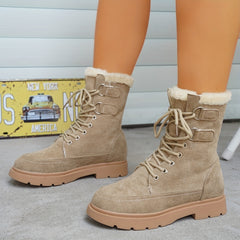 Women's Plush Lined Snow Boots Thermal Lace Up Mid Calf Combat Boots