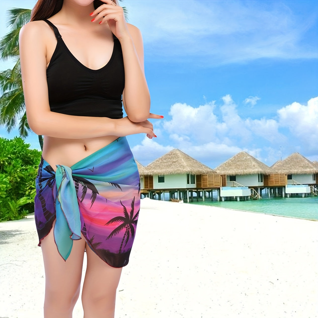 Coconut Tree Print Chiffon Beach Wrap Cover Up