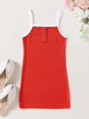 Toddler Girls Block Trim Button Decor Ribbed Cami Dress