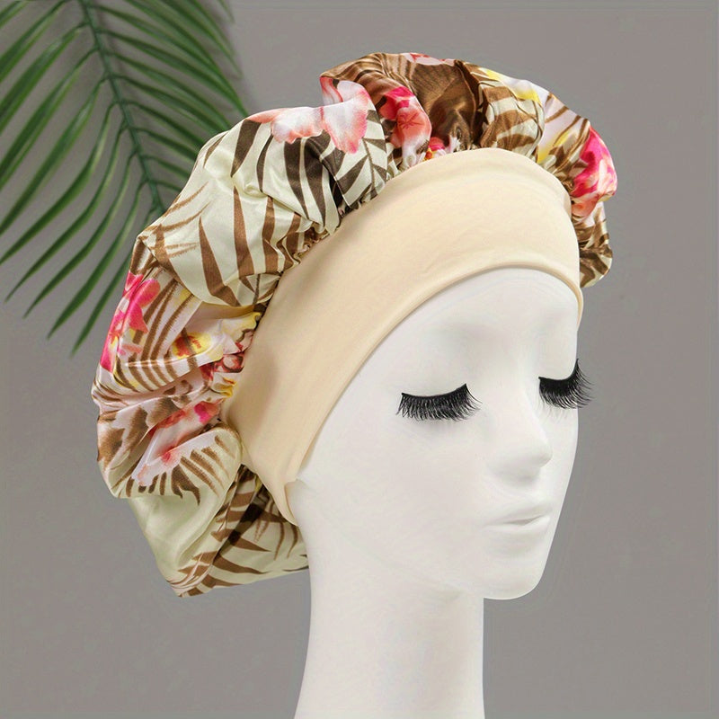 Flower Print Satin Bonnet Silk Hair Bonnet Lightweight Elastic Soft Sleep Cap