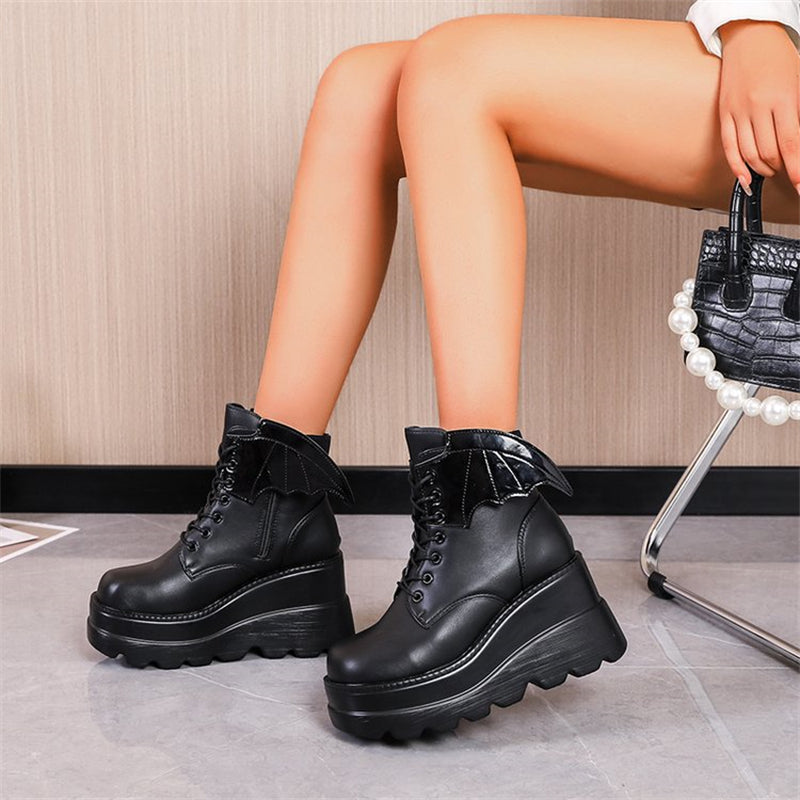 Gothic Platform Ankle Boots Lace Up Round Toe Wedge Heel Punk Short Boots