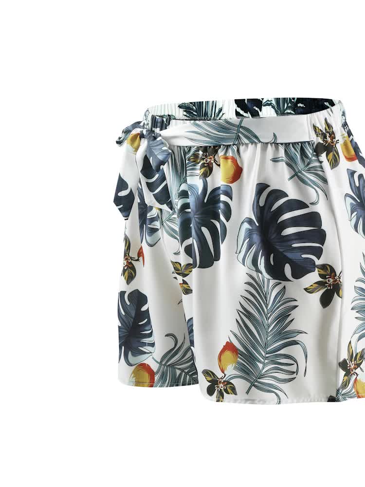 Tropical Print Elastic Waist Beach Shorts With Belt