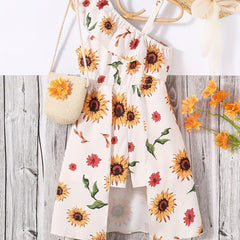 Girls Sunflower Print Jumpsuit Off Shoulder Ruffle High Low Romper Summer