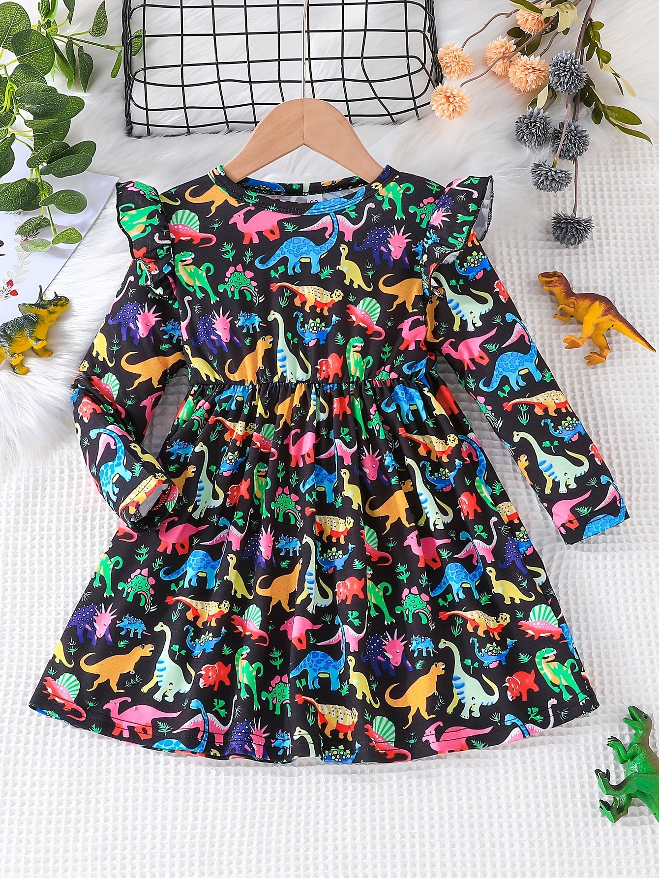 Stylish Dinosaurs Full Print Long Sleeve Dress For Girls