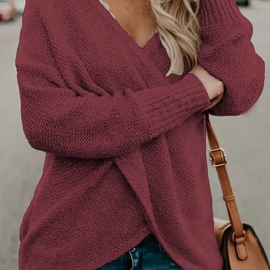 Casual Sweater Women's Plus Solid Long Sleeve Surplice Neck Jumper