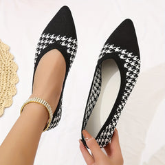 Women's Houndstooth Knit Flat Shoes Pointed Toe Slip-On Ballet Flats