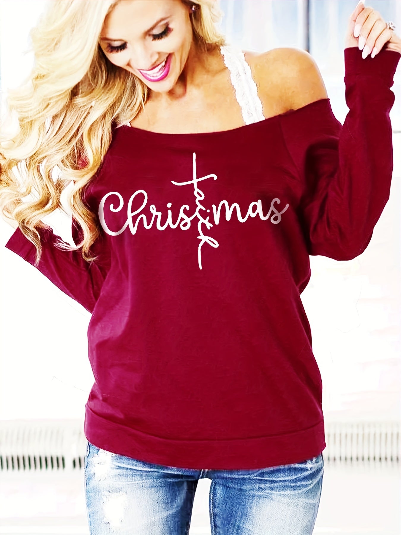 Christmas Print Pullover Sweatshirt Casual Long Sleeve Off Shoulder Sweatshirt