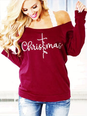 Christmas Print Pullover Sweatshirt Casual Long Sleeve Off Shoulder Sweatshirt