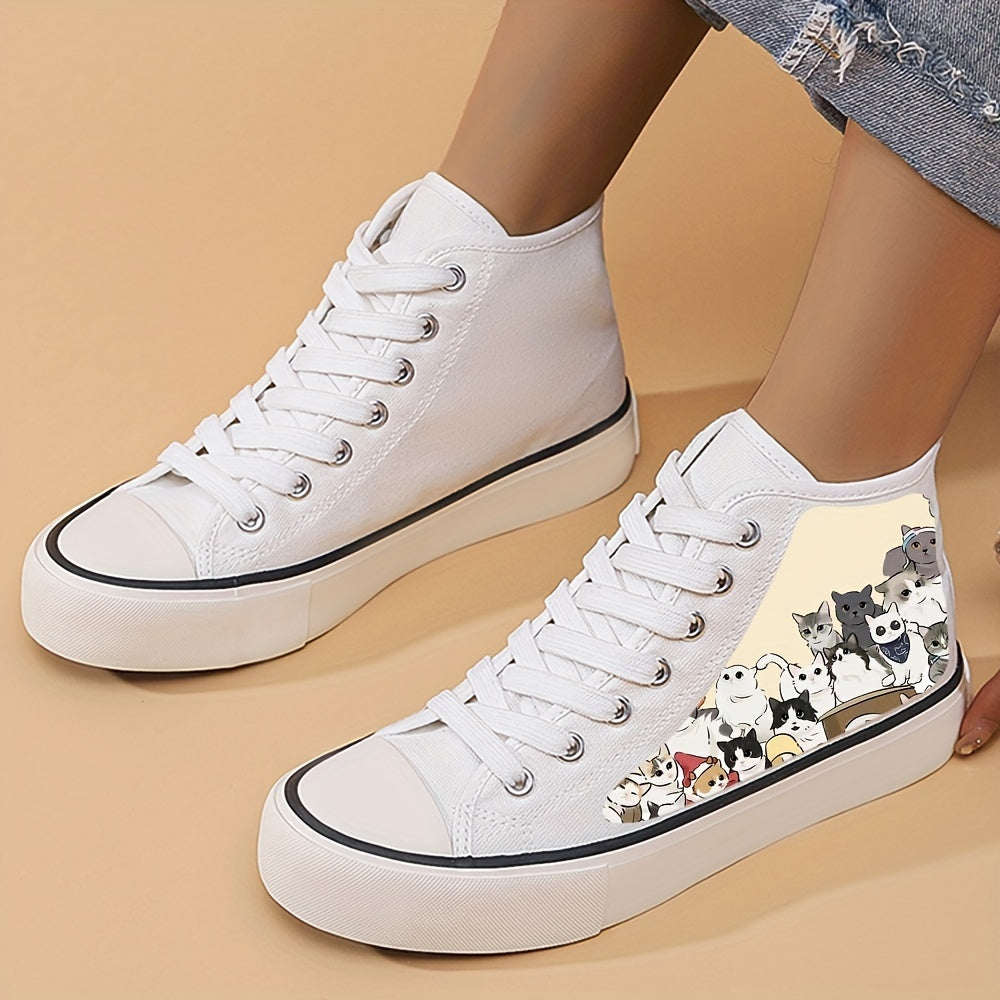 Cat Graphic High Top Canvas Sneakers for Women