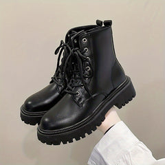 Women's Solid Lace Up Round Toe Zipper Platform Boots