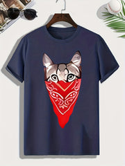 Men's Masked Cat Print Comfy Stretch Tee for Summer