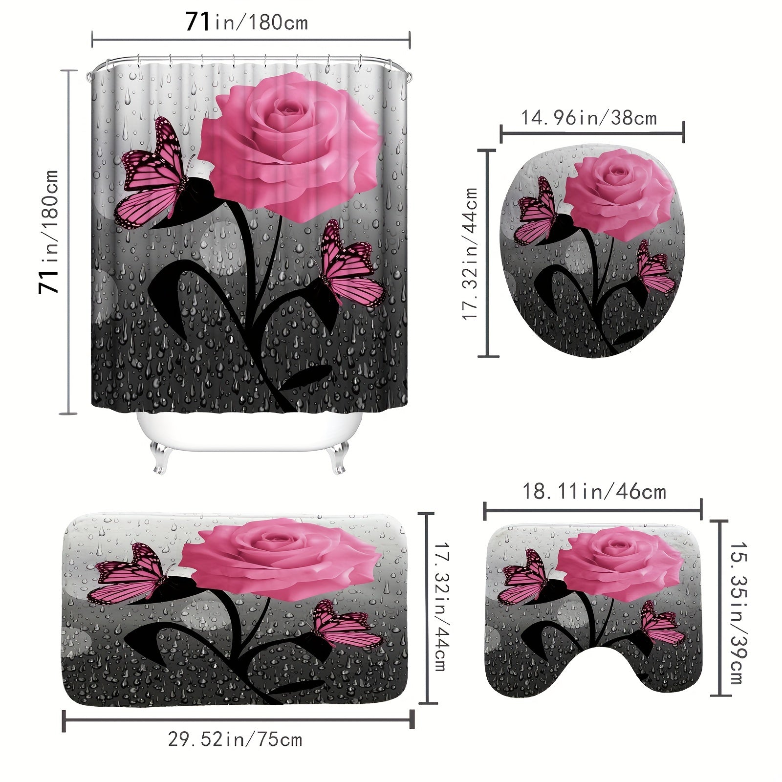 Romantic Pink Rose Butterfly Shower Curtain Set
