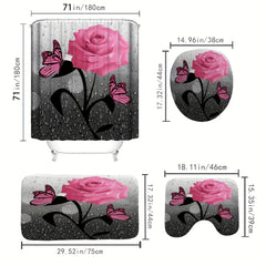 Romantic Pink Rose Butterfly Shower Curtain Set