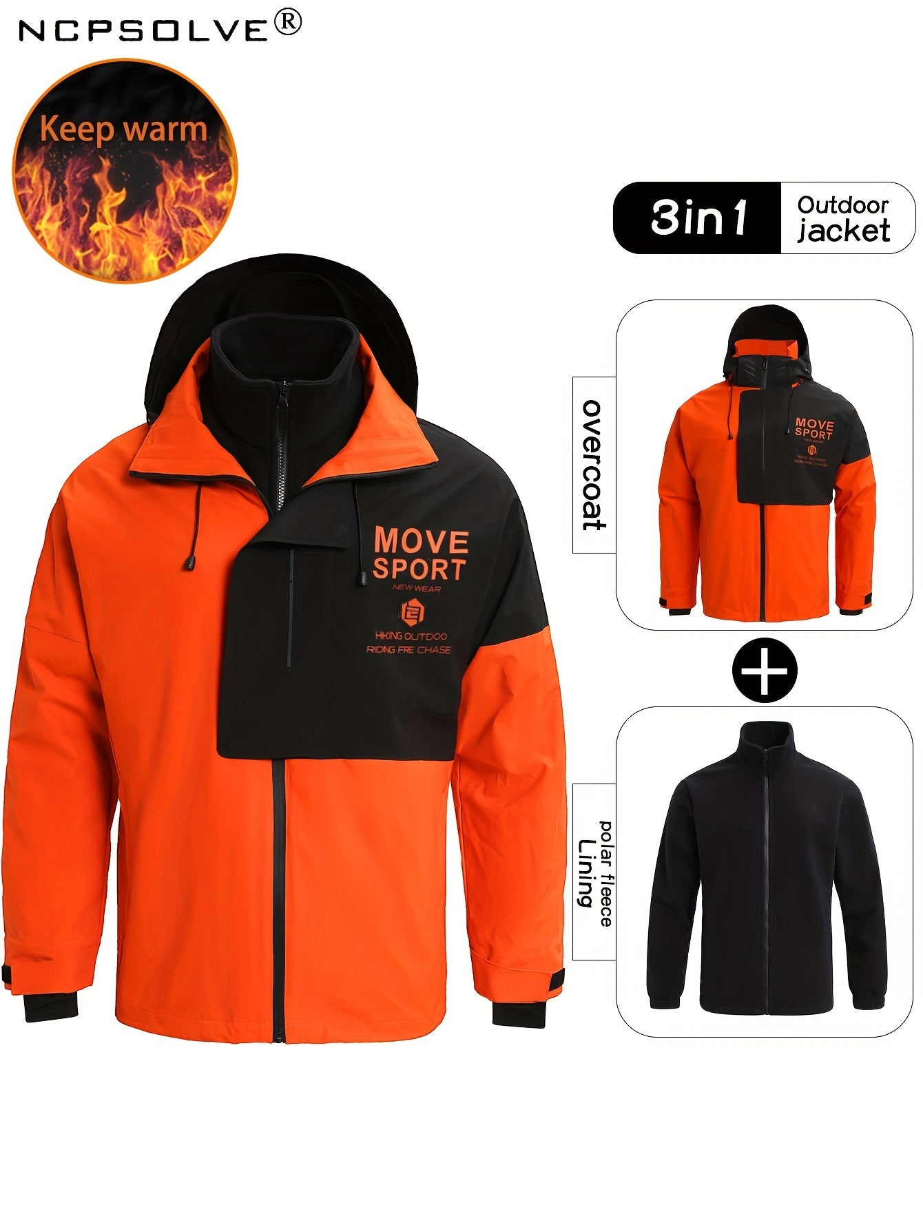 Men's 3 In 1 Block Casual Outdoor Zip Hooded Windbreaker Jacket