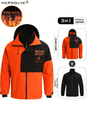 Men's 3 In 1 Block Casual Outdoor Zip Hooded Windbreaker Jacket