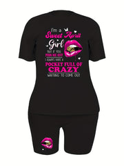 Casual 2 Piece Set Women's Plus Slogan & Lip Print Top & Shorts