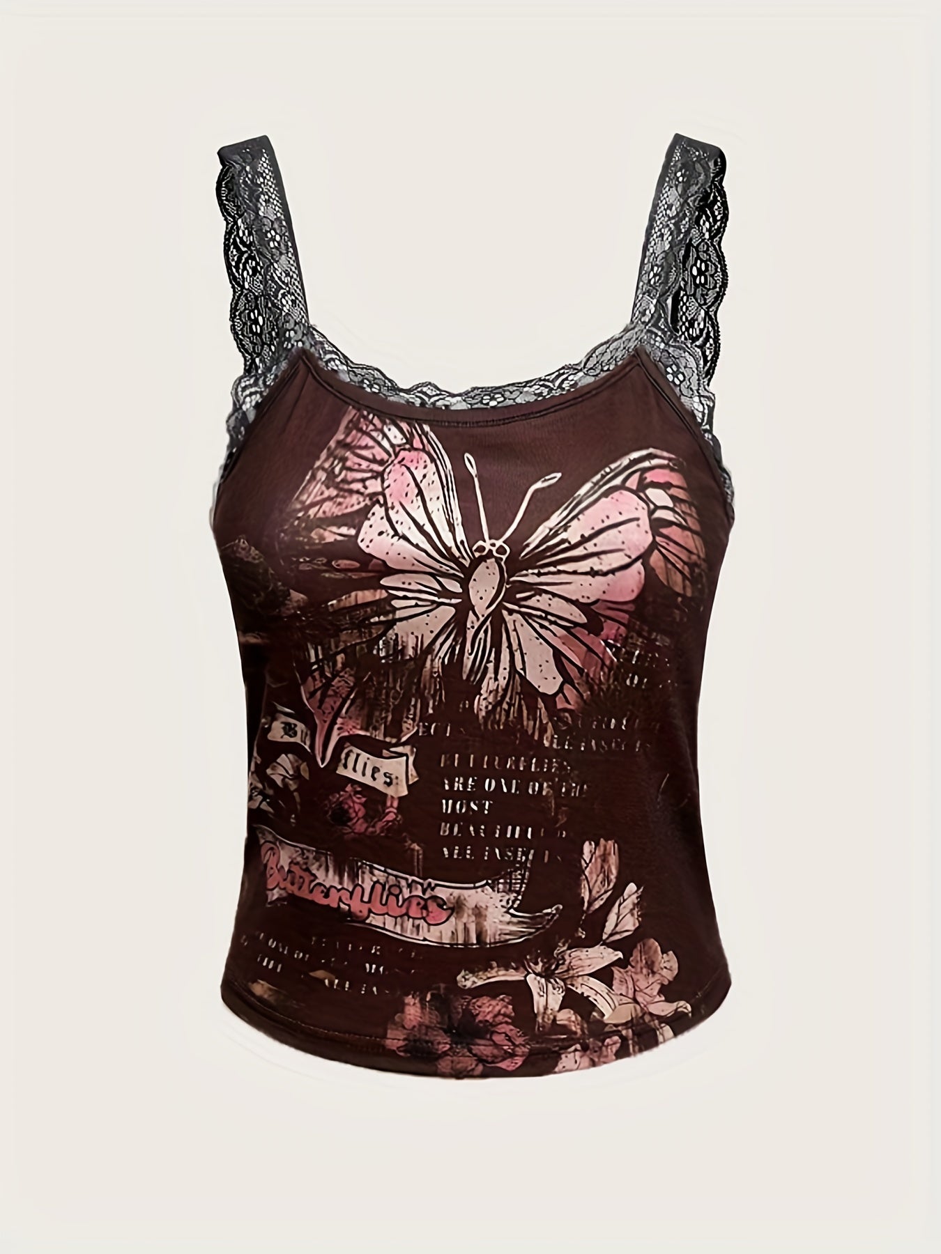 Y2K Butterfly Print Lace Strap Cami Top