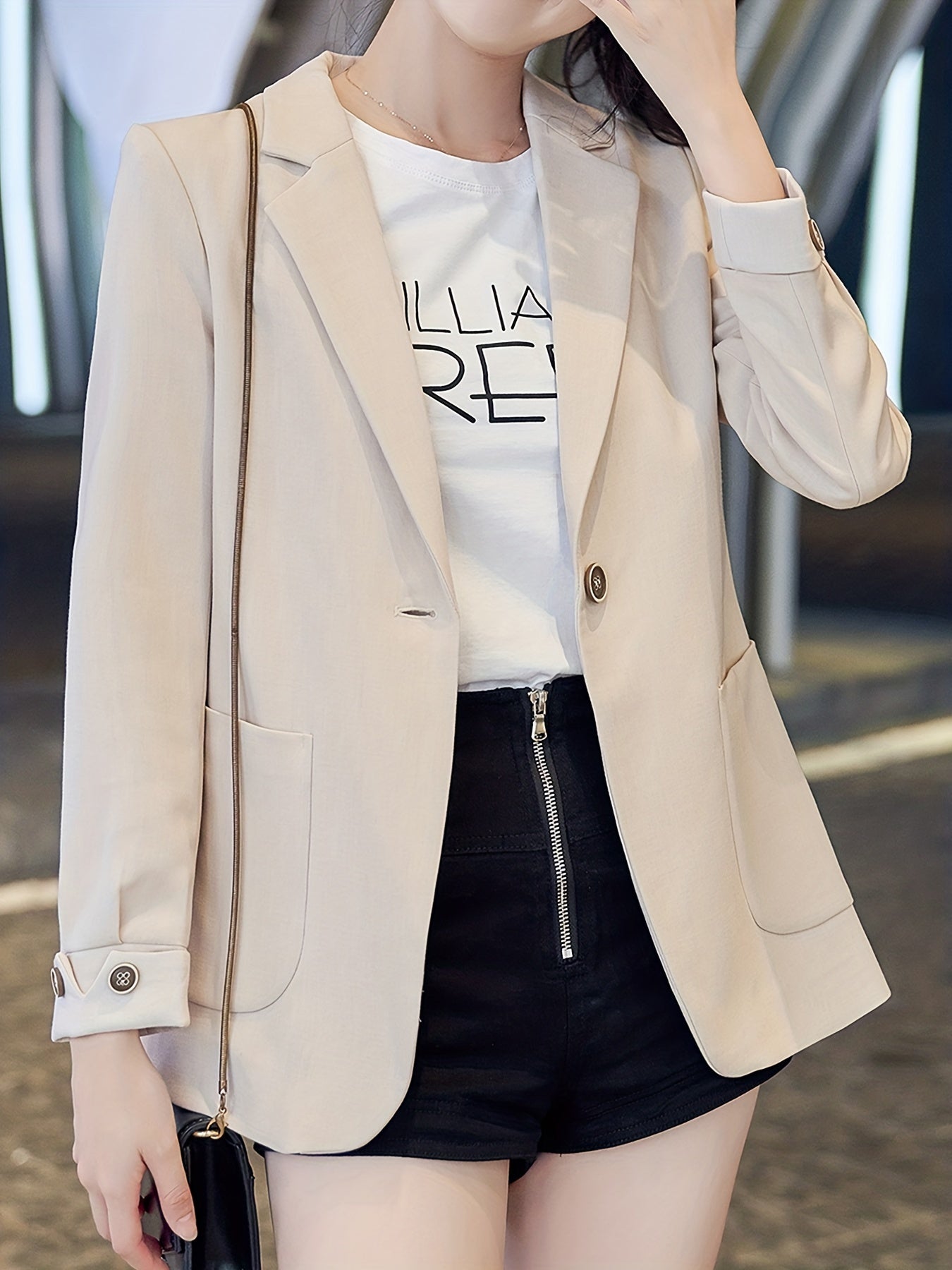 Solid Button Front Roll Up Blazer Casual Long Sleeve Blazer