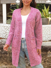 Solid Knitted Long Sleeve Open Front Cardigan With Pockets