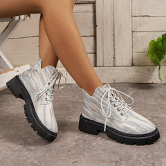Women's Denim Flat Walking Boots High Top Lace Up Non Slip Fall Winter Boots