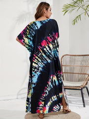 Tie Dye Batwing Sleeve V Neck Maxi Split Cover Up Dress
