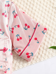 Girls Cherry Print Satin Pajama Set with Lapel Neck