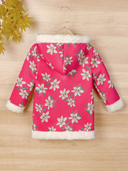 Girls Flower Print Fleece Hooded Coat Jacket, Warm for Autumn Winter