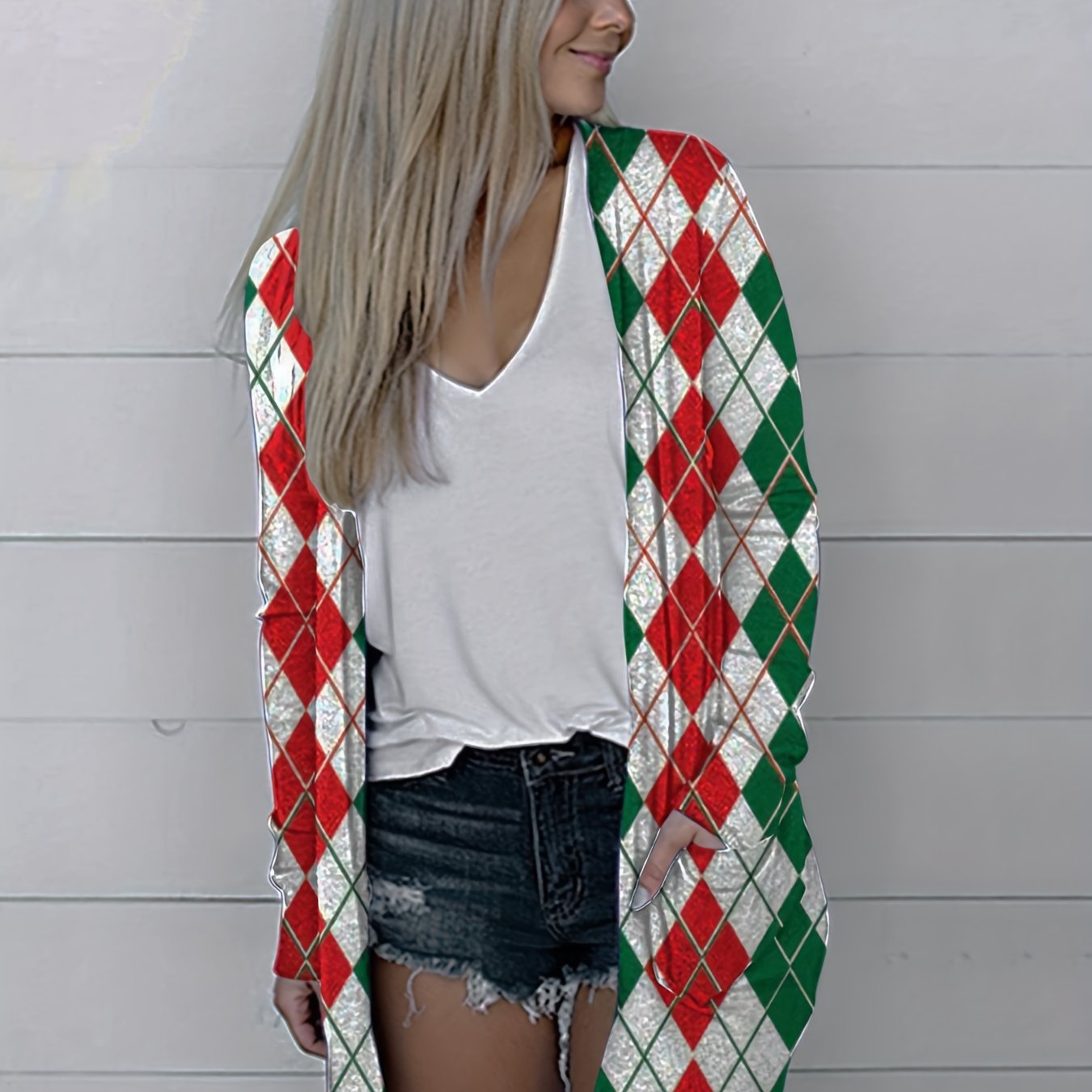 Open Front Argyle Print Cardigan with Pockets